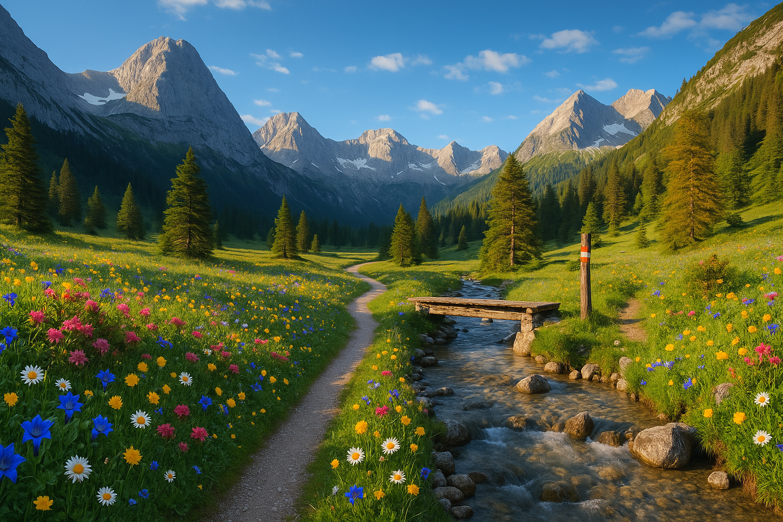 Alpines Tal im Karwendel: Wanderweg durch blühende Wildblumenwiese, Schneegipfel unter blauem Himmel